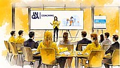 INQA-Beratung IMI Personengruppe mit Coach vor Beamerleinwand