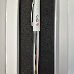 Ein silberfarbener Kugelschreiber mit weißem Schaft und dem Logo der Hochschule für Wirtschaft und Gesellschaft Ludwigshafen liegt in einer schwarzen Schaumstoffbox. Der Stift hat einen Clip und eine glänzende Oberfläche.