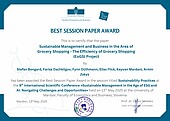 The certificate for the "Best Session Paper Award" in the "Sustainability Practices" category