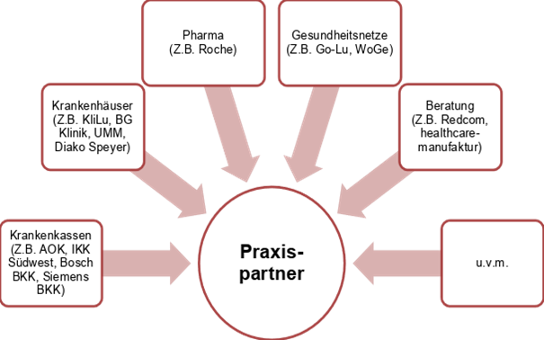 Übersicht Praxispartner GiP, von links nach rechts sind folgende aufgelistet: Krankenkassen, Krankenhäuser, Pharma, Gesundheitsnetze, Beratung, u.v.m.